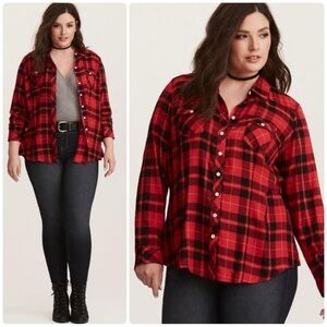 Torrid Red Black Plaid Challis Long Sleeve Button-Down Shirt Plus Size 0X 12